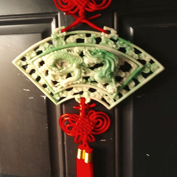 Chinese Carved Green Lacquer Firey Dragon Hanging Fan Red Lucky Knots & Tassels - Picture 8 of 14